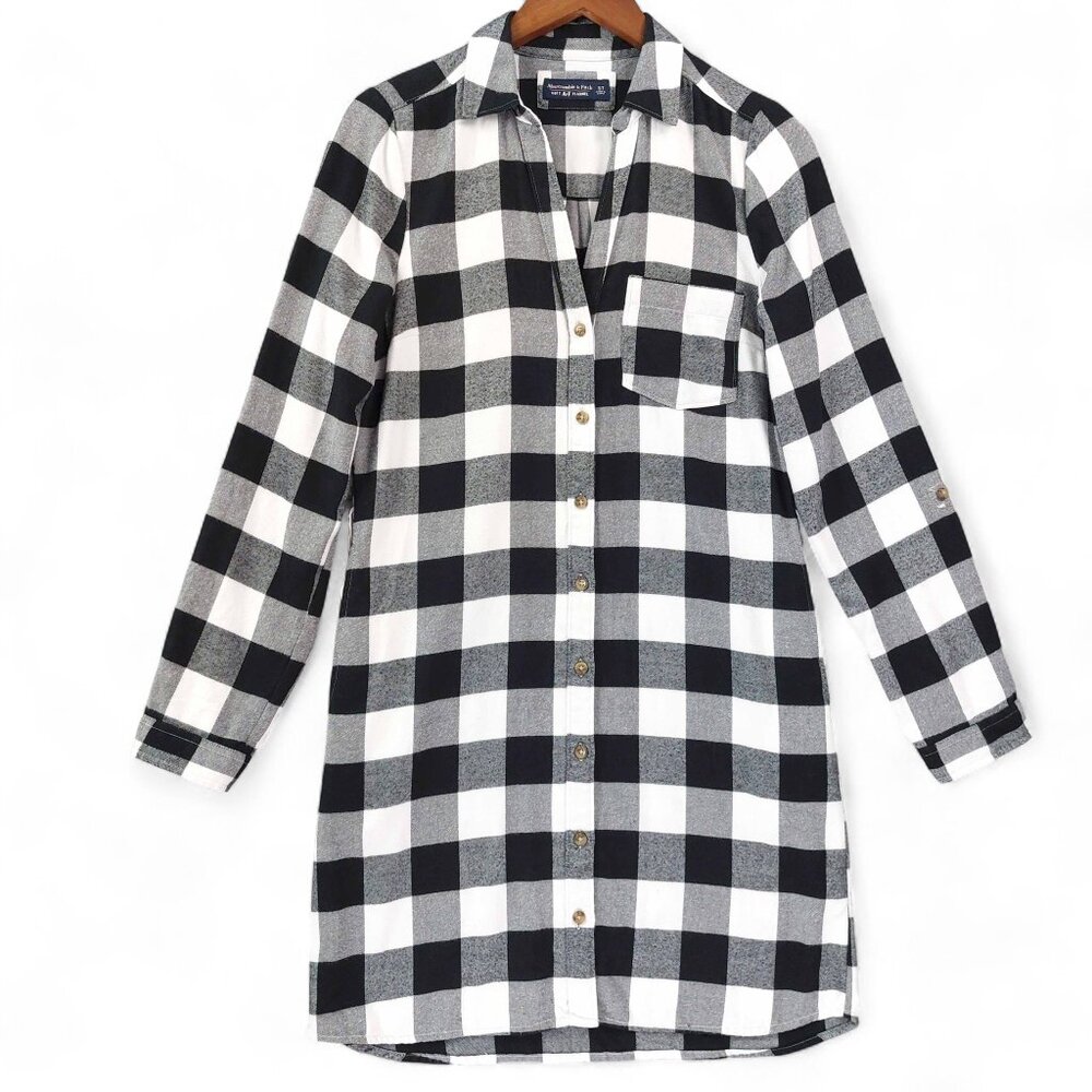 Abercrombie & Fitch Shirt Dress Sz ST Black White Plaid Flannel Cottagecore Chic